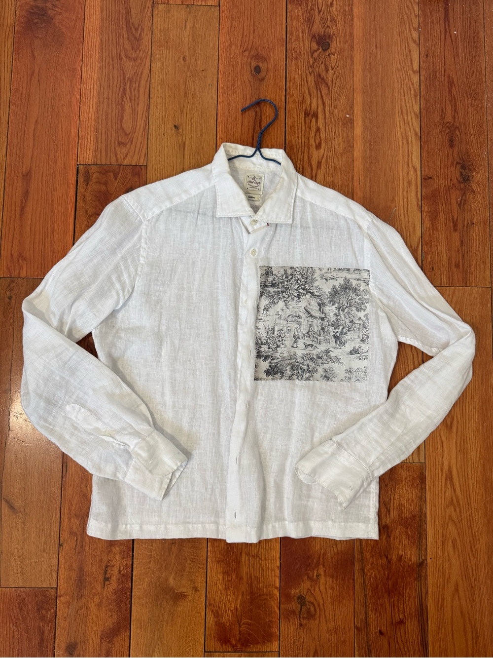 White Linen Button-Up Shirt with Printed Chest Pocket